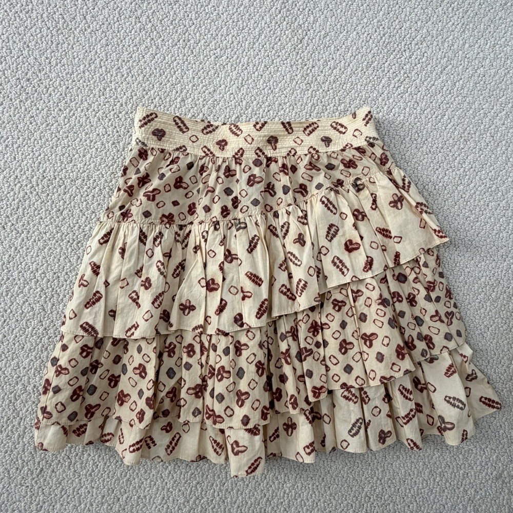 Ulla Johnson Cream Tiered Mini Skirt with Brown Print